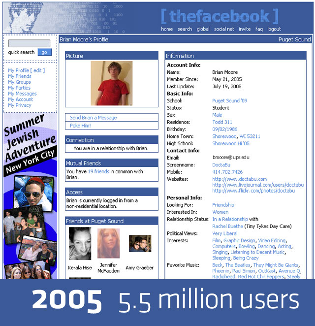 Дизайн FaceBook в 2005 году